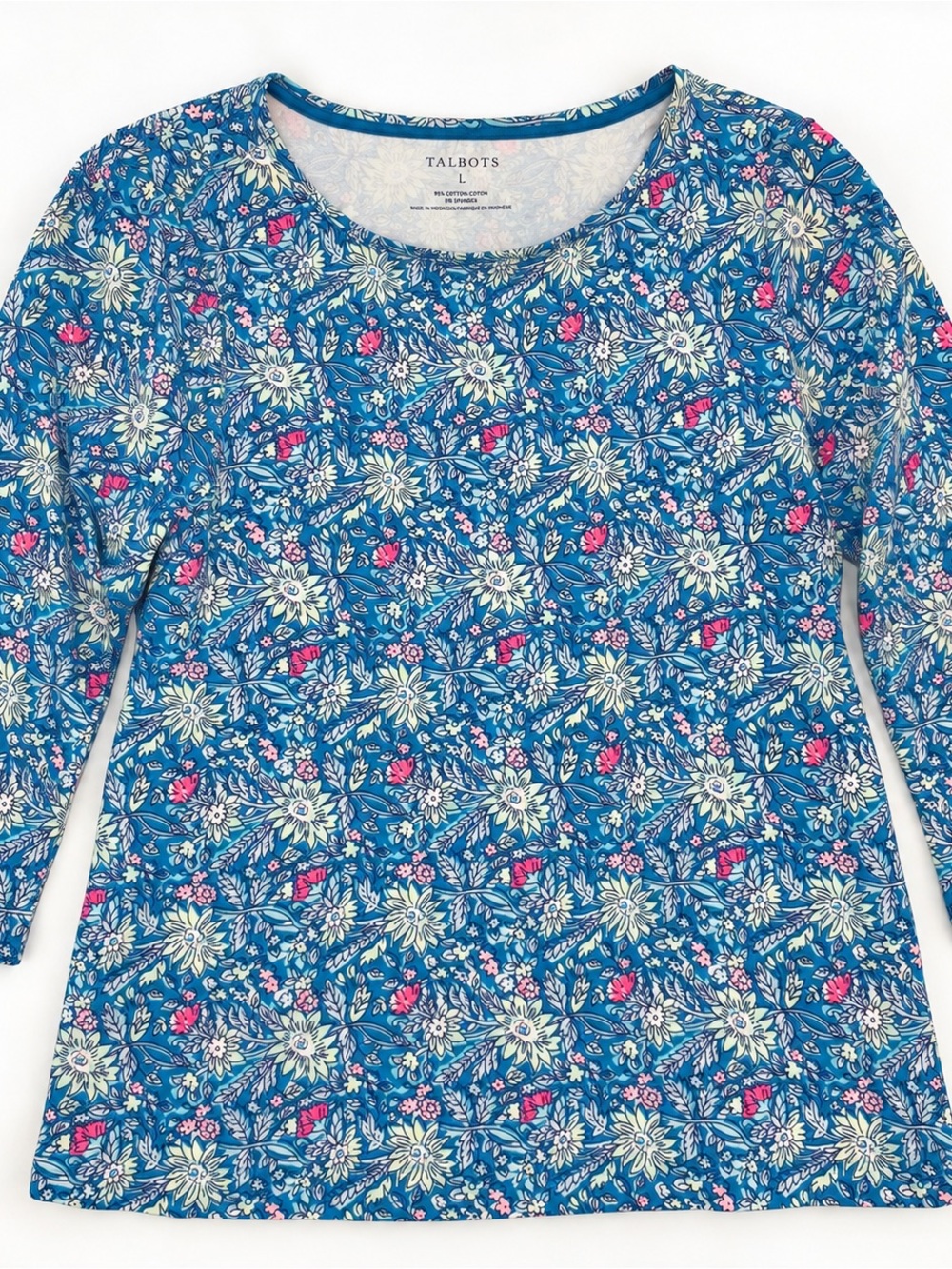 Talbots Blue Floral 3/4 Sleeve Cotton Stretch Top Size L